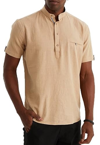 Leif Nelson Leinenhemd Herren Sommer Kurzarm Beige/Henley Hemd für Freizeit und Business/Gemischt aus Leinen und Baumwolle/Regular Fit Größe L von Leif Nelson