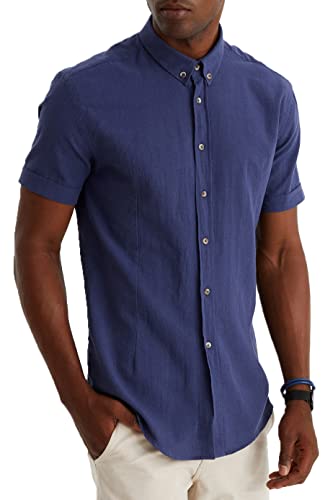 Leif Nelson Leinenhemd Herren Sommer kurzarm Blau/Leinen Hemd für Freizeit und Business/Gemischt aus Leinen und Baumwolle/Regular Fit Größe M von Leif Nelson