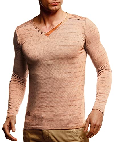 Leif Nelson Herren Longsleeve V-Ausschnitt Slim Fit Baumwolle-Anteil Basic Männer Sweatshirt Pulli weißes Langarmshirt V-Neck Pullover T-Shirt Langarm LN5115T Camel Melange Large von Leif Nelson