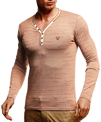 Leif Nelson Herren Longsleeve V-Ausschnitt Slim Fit Baumwolle-Anteil Basic Männer Sweatshirt Pulli weißes Langarmshirt V-Neck Pullover T-Shirt Langarm LN5120T Camel Melange Large von Leif Nelson