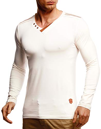 Leif Nelson Herren Longsleeve V-Ausschnitt Slim Fit Baumwolle-Anteil Basic Männer Sweatshirt Pulli weißes Langarmshirt V-Neck Pullover T-Shirt langarm LN5115T Beige X-Large von Leif Nelson