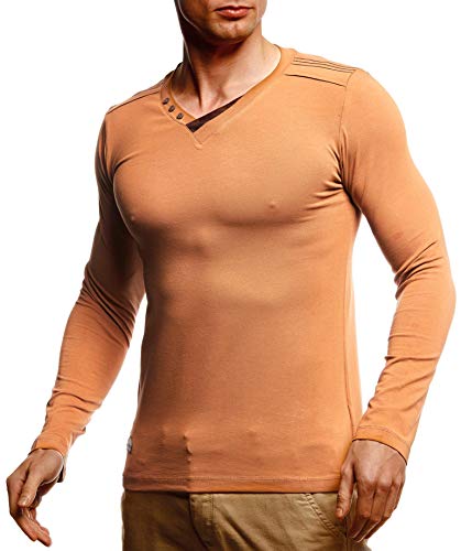 Leif Nelson Herren Longsleeve V-Ausschnitt Slim Fit Baumwolle-Anteil Basic Männer Sweatshirt Pulli weißes Langarmshirt V-Neck Pullover T-Shirt langarm LN5115T Camel Medium von Leif Nelson