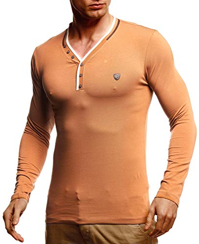Leif Nelson Herren Longsleeve V-Ausschnitt Slim Fit Baumwolle-Anteil Basic Männer Sweatshirt Pulli weißes Langarmshirt V-Neck Pullover T-Shirt langarm LN5120T Camel Large von Leif Nelson
