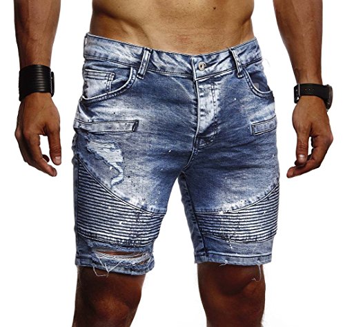 Leif Nelson Herren Männer Jungen Sommer Kurze Biker Jogger Jeans Hose Shorts Jeanshose Chinos Cargo Bermuda Basic 5-Pocket Destroyed Used Stretch Freizeithose Denim Slim Fit LN1663; W31; Blau von Leif Nelson