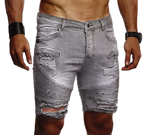 Leif Nelson Herren Männer Jungen Sommer Kurze Biker Jogger Jeans Hose Shorts Jeanshose Chinos Cargo Bermuda Basic 5-Pocket Destroyed Used Stretch Freizeithose Denim Slim Fit LN1663; W31; Grau von Leif Nelson