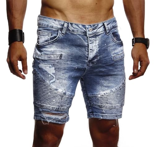 Leif Nelson Herren Männer Jungen Sommer Kurze Biker Jogger Jeans Hose Shorts Jeanshose Chinos Cargo Bermuda Basic 5-Pocket Destroyed Used Stretch Freizeithose Denim Slim Fit LN1663; W38; Blau von Leif Nelson