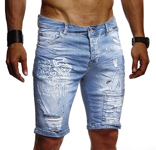Leif Nelson Herren Männer Jungen Sommer Kurze Biker Jogger Jeans Hose Shorts Jeanshose Chinos Cargo Bermuda Basic 5-Pocket Destroyed Used Stretch Freizeithose Denim Slim Fit LN1970; W30; Hell Blau von Leif Nelson