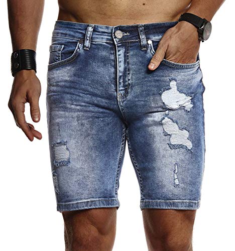 Leif Nelson Herren Männer Jungen Sommer Kurze Biker Jogger Jeans Hose Shorts Jeanshose Chinos Cargo Bermuda Basic 5-Pocket Destroyed Used Stretch Freizeithose Denim Slim Fit LN1977; W33; Blau von Leif Nelson