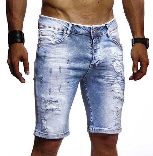 Leif Nelson Herren Männer Jungen Sommer Kurze Biker Jogger Jeans Hose Shorts Jeanshose Chinos Cargo Bermuda Basic 5-Pocket Destroyed Used Stretch Freizeithose Denim Slim Fit LN1977; W38; Hell Blau von Leif Nelson