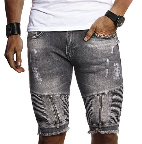 Leif Nelson Herren Männer Jungen Sommer Kurze Biker Jogger Jeans Hose Shorts Jeanshose Chinos Cargo Bermuda Basic 5-Pocket Destroyed Used Stretch Freizeithose Denim Slim Fit LN9155; W30; Schwarz von Leif Nelson