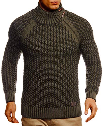 Leif Nelson Herren Pullover Pulli Strickpullover mit Rollkragen Rollkragenpullover Winterpullover Slim Fit LN5295 Khaki Schwarz Medium von Leif Nelson