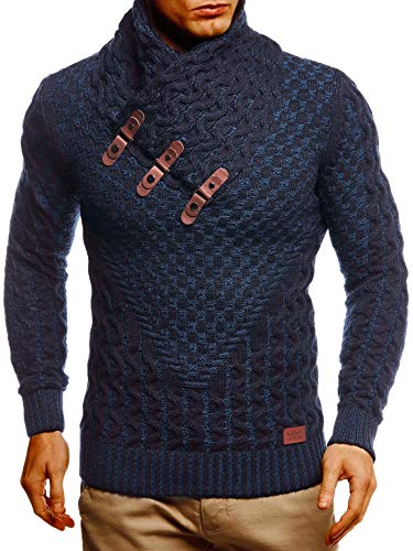 Leif Nelson Herren Strickpullover Blau mit Schalkragen/Hochwertiger Winterpullover in Regular Fit, ideal für Casual und Business, Langarm Größe L von Leif Nelson