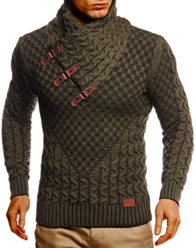 Leif Nelson Herren Strickpullover Khaki mit Schalkragen/Hochwertiger Winterpullover in Regular Fit, ideal für Casual und Business, Langarm Größe L von Leif Nelson