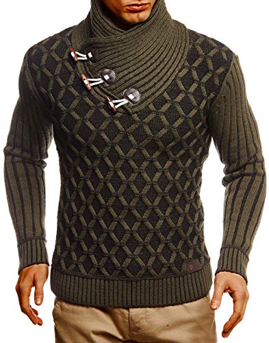 Leif Nelson Herren Pullover Pulli Strickpullover mit Schalkragen Winterpullover Slim Fit Khaki Schwarz Small von Leif Nelson