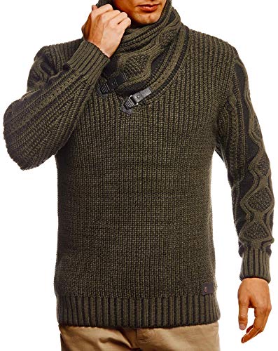 Leif Nelson Herren Pullover Pulli Strickpullover mit Schalkragen Winterpullover Slim Fit LN5195 Khaki Schwarz XX-Large von Leif Nelson