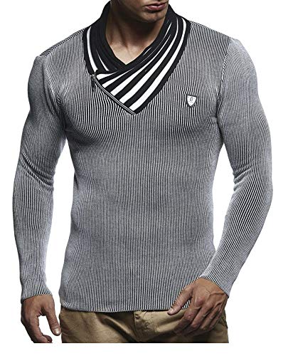 Leif Nelson Herren Pullover Strickpullover Hoodie Basic Schalkragen Sweatshirt Longsleeve Langarm Sweater Feinstrick LN1425; Gr__e M, Schwarz-Ecru von Leif Nelson