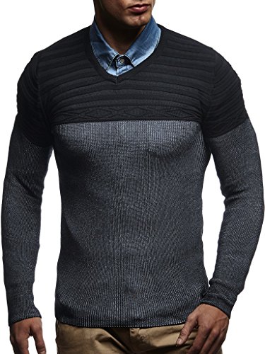 Leif Nelson Herren Pullover V-Ausschnitt Slim Fit Longseleeve Schwarzer Männer Strickpullover - Sweatshirt - Winterpullover Kapuzenpullover - Hoodie Pulli Langarm LN1555 Schwarz-Ecru Medium von Leif Nelson