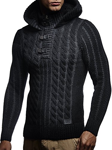 Leif Nelson Herren Pullover mit Kapuze Slim Fit Longseleeve Schwarzer Männer Strickpullover - Sweatshirt - Winterpullover Kapuzenpullover - Hoodie Pulli Langarm LN5290 Schwarz-Anthrazit XX-Large von Leif Nelson