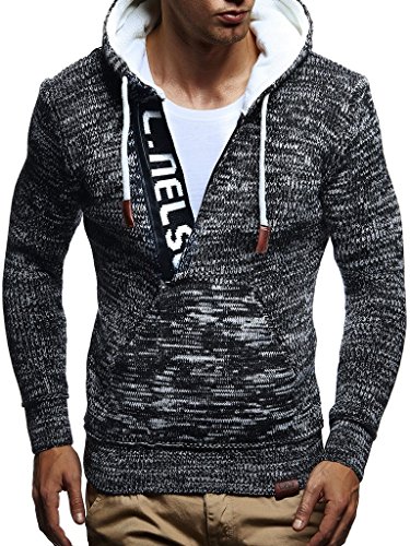 Leif Nelson Herren Pullover mit Kapuze Slim Fit Longseleeve Schwarzer Männer Strickpullover - Sweatshirt - Winterpullover Kapuzenpullover - Hoodie Pulli Langarm LN5450 Schwarz-Ecru Small von Leif Nelson