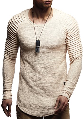 Leif Nelson Herren Rundhals Ausschnitt Langarmshirt Slim Fit Baumwolle-Anteil Basic Männer Longsleeve Pulli weißes Sweatshirt Biker Pullover Crew Neck T-Shirt Langarm LN8310 Beige XX-Large von Leif Nelson