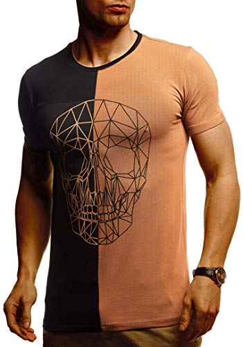 Leif Nelson Herren Sommer T-Shirt Rundhals-Ausschnitt Slim Fit Baumwolle-Anteil Basic Männer Totenkopf T-Shirt Crew Neck Hoodie-Sweatshirt Kurzarm lang LN4670 Schwarz Camel XX-Large von Leif Nelson