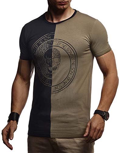 Leif Nelson Herren Sommer T-Shirt Rundhals-Ausschnitt Slim Fit Baumwolle-Anteil Basic Männer Totenkopf T-Shirt crew Neck Hoodie-Sweatshirt kurzarm lang LN4395 Schwarz-Khaki Small von Leif Nelson