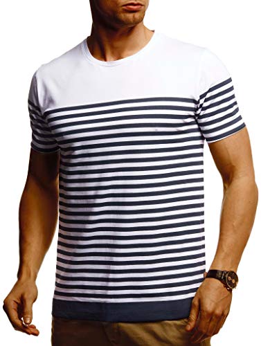 Leif Nelson Herren Sommer T-Shirt Rundhals Ausschnitt Slim Fit Baumwolle-Anteil Cooles Basic Männer T-Shirt Crew Neck Jungen Kurzarmshirt O-Neck Kurzarm Lang LN55040 Weiss Blau XX-Large von Leif Nelson