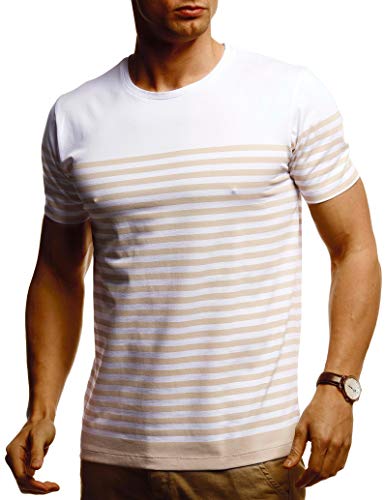 Leif Nelson Herren Sommer T-Shirt Rundhals Ausschnitt Slim Fit Baumwolle-Anteil Cooles Basic Männer T-Shirt crew Neck Jungen Kurzarmshirt O-Neck kurzarm Lang LN55040 Weiss Beige Small von Leif Nelson
