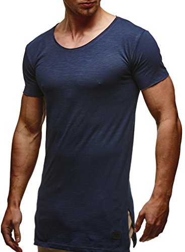 Leif Nelson Herren Sommer T-Shirt Rundhals-Ausschnitt Slim Fit Baumwolle-Anteil Moderner Männer T-Shirt Crew Neck Hoodie-Sweatshirt Kurzarm lang LN6336 Dunkel Blau Medium von Leif Nelson