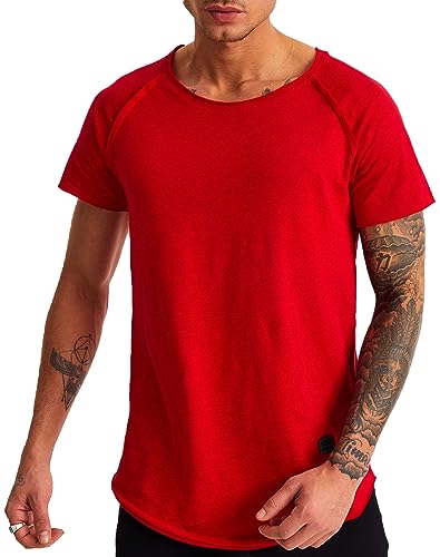Leif Nelson Herren Sommer T-Shirt Rundhals-Ausschnitt Slim Fit Baumwolle-Anteil Moderner Männer T-Shirt Crew Neck Hoodie-Sweatshirt Kurzarm lang LN6339 Rot Large von Leif Nelson