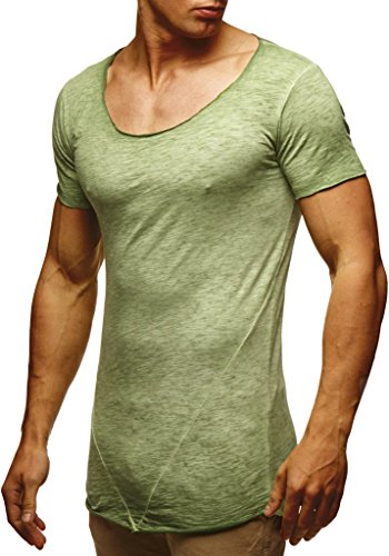 Leif Nelson Herren Sommer T-Shirt Rundhals-Ausschnitt Slim Fit Baumwolle-Anteil Moderner Männer T-Shirt Crew Neck Hoodie-Sweatshirt Kurzarm lang LN6353N Verw. Gruen Medium von Leif Nelson