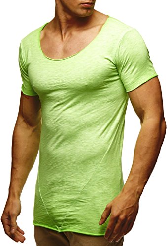 Leif Nelson Herren Sommer T-Shirt Rundhals-Ausschnitt Slim Fit Baumwolle-Anteil Moderner Männer T-Shirt Crew Neck Hoodie-Sweatshirt Kurzarm lang LN6353N Verw. Neon Gruen Large von Leif Nelson