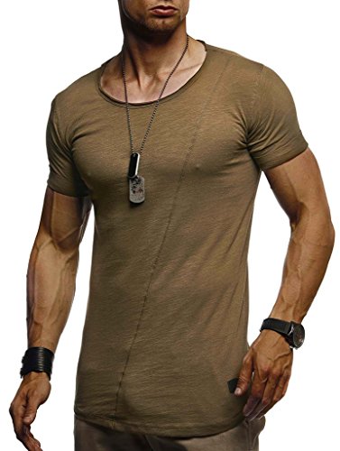 Leif Nelson Herren Sommer T-Shirt Rundhals-Ausschnitt Slim Fit Baumwolle-Anteil Moderner Männer T-Shirt Crew Neck Hoodie-Sweatshirt Kurzarm lang LN8209 Khaki Large von Leif Nelson