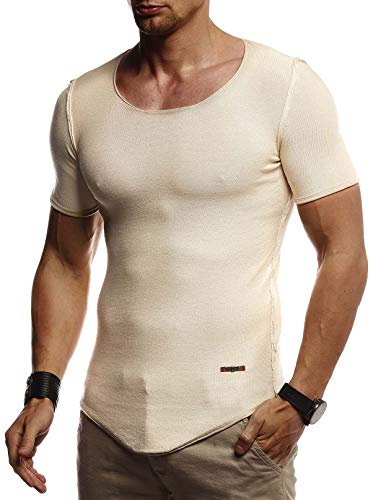 Leif Nelson Herren Sommer T-Shirt Rundhals Ausschnitt Slim Fit aus Feinstrick Cooles Basic Männer T-Shirt Crew Neck Jungen Kurzarmshirt O-Neck Sweater Shirt Kurzarm Lang LN20755 Beige Large von Leif Nelson