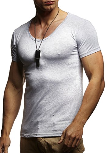 Leif Nelson Herren Sommer T-Shirt V-Ausschnitt Slim Fit Baumwolle-Anteil Basic Männer T-Shirt V-Neck Hoodie-Sweatshirt Kurzarm lang LN6372 Grau XX-Large von Leif Nelson