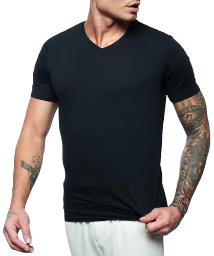 Leif Nelson Herren T-Shirt Slim Fit, V-Ausschnitt Kurzarm Stretch-Shirt, Figurbetontes Basic Oberteil aus hohen Baumwolle-Anteil, T-Shirts Männer Sommer, schwarz XXL von Leif Nelson