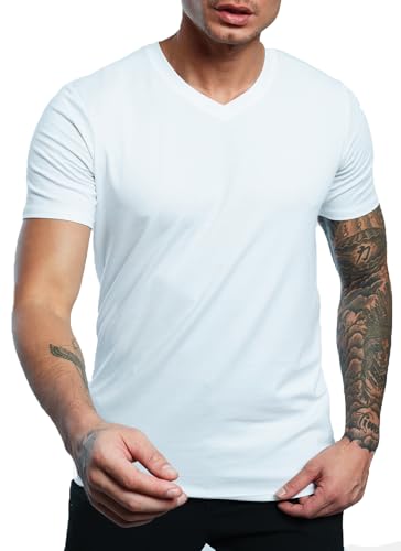 Leif Nelson Herren T-Shirt Slim Fit, V-Ausschnitt Kurzarm Stretch-Shirt, Figurbetontes Basic Oberteil aus hohen Baumwolle-Anteil, T-Shirts Männer Sommer, Weiß XXL von Leif Nelson
