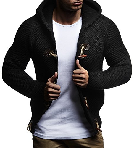 Leif Nelson Herren Strick-Jacke mit Kapuze Slim Fit Grobstrick Moderner schwarzer Herren Hoodie-Sweatjacke-Winterjacke Langarm Grobstrick LN5380 Schwarz 5380 Large von Leif Nelson