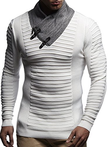 Leif Nelson Herren Strick-Pullover Schalkragen Slim Fit Winter Sommer Moderner Männer Pulli Langarm T-Shirt mit Kragen Herren Hoodie-Longsleeve in schwarz LN1620 Ecru Large von Leif Nelson