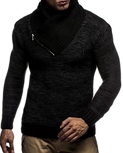 Leif Nelson Herren Strick-Pullover Schalkragen Slim Fit Winter Sommer Moderner Männer schwarzer Pulli T-Shirt Langarm mit Kragen Herren Hoodie-Wollpullover 7060 Schwarz-Anthrazit Large von Leif Nelson