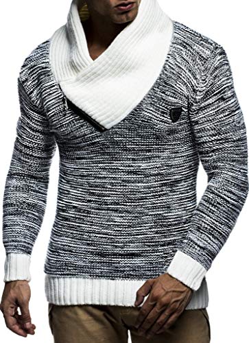 Leif Nelson Herren Strick-Pullover Schalkragen Slim Fit Winter Sommer Moderner Männer schwarzer Pulli T-Shirt Langarm mit Kragen Herren Hoodie-Wollpullover 7060 Schwarz-Ecru Small von Leif Nelson