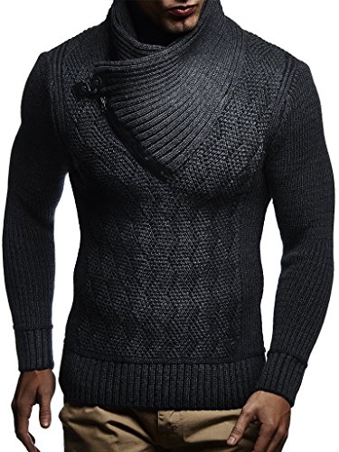 Leif Nelson Herren Strick-Pullover Schalkragen Slim Fit Winter Sommer Moderner Männer schwarzer Pulli T-Shirt Langarm mit Kragen Herren Hoodie-Wollpullover LN5440 Anthrazit-Schwarz Small von Leif Nelson