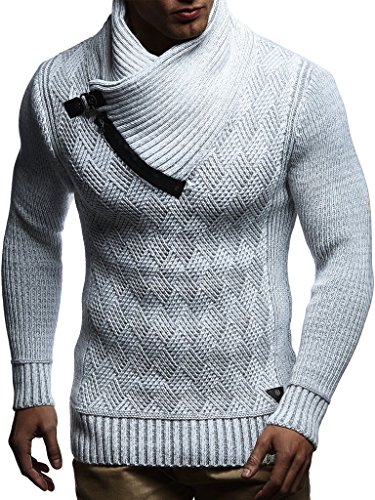 Leif Nelson Herren Strick-Pullover Schalkragen Slim Fit Winter Sommer Moderner Männer schwarzer Pulli T-Shirt Langarm mit Kragen Herren Hoodie-Wollpullover LN5440 Ecru-Grau X-Large von Leif Nelson