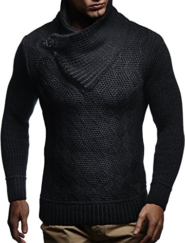 Leif Nelson Herren Strick-Pullover Schalkragen Slim Fit Winter Sommer Moderner Männer schwarzer Pulli T-Shirt Langarm mit Kragen Herren Hoodie-Wollpullover LN5440 Schwarz-Anthrazit Large von Leif Nelson