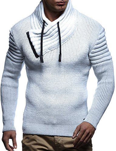 Leif Nelson Herren Strick-Pullover Schalkragen Slim Fit Winter Sommer Moderner Männer schwarzer Pulli T-Shirt Langarm mit Kragen Herren Hoodie-Wollpullover LN5445 Ecru-Grau Medium von Leif Nelson