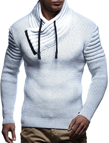 Leif Nelson Herren Strick-Pullover Schalkragen Slim Fit Winter Sommer Moderner Männer schwarzer Pulli T-Shirt Langarm mit Kragen Herren Hoodie-Wollpullover LN5445 Ecru-Grau Small von Leif Nelson