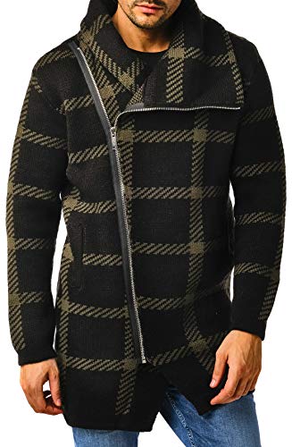 Leif Nelson Herren Strickjacke Reissverschluss Schwarze Jacke für Winter Schalkragen Winterjacke Übergangsjacke Hoodie Männer Freizeitjacke Sweatjacke Slim Fit LN5990 M Khaki-Schwarz von Leif Nelson