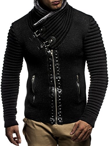 Leif Nelson Herren Strickjacke Schalkragen Slim Fit Winter-Freizeit-Jacke Sommer Moderne Männer Pulli Grobstrick Sweatjacke Langarm Herren schwarzer Hoodie-Pullover 5165 Schwarz-Anthrazit Medium von Leif Nelson