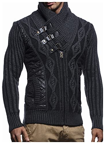 Leif Nelson Herren Strickjacke Schalkragen Slim Fit Winter-Freizeit-Jacke Sommer Moderne Männer Pulli Grobstrick Sweatjacke Langarm Herren schwarzer Hoodie-Pullover LN5305 Schwarz-Anthrazit XX-Large von Leif Nelson