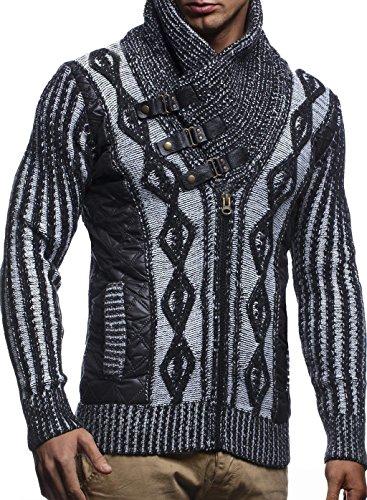 Leif Nelson Herren Strickjacke Schalkragen Slim Fit Winter-Freizeit-Jacke Sommer Moderne Männer Pulli Grobstrick Sweatjacke Langarm Herren schwarzer Hoodie-Pullover LN5305 Schwarz-Ecru Small von Leif Nelson